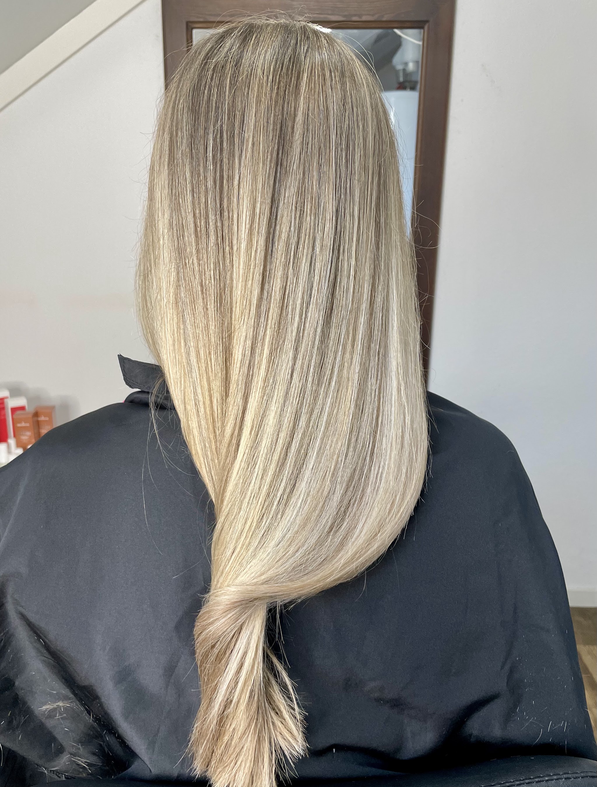 Lang lichtblond haar van achteren, glad geföhnd